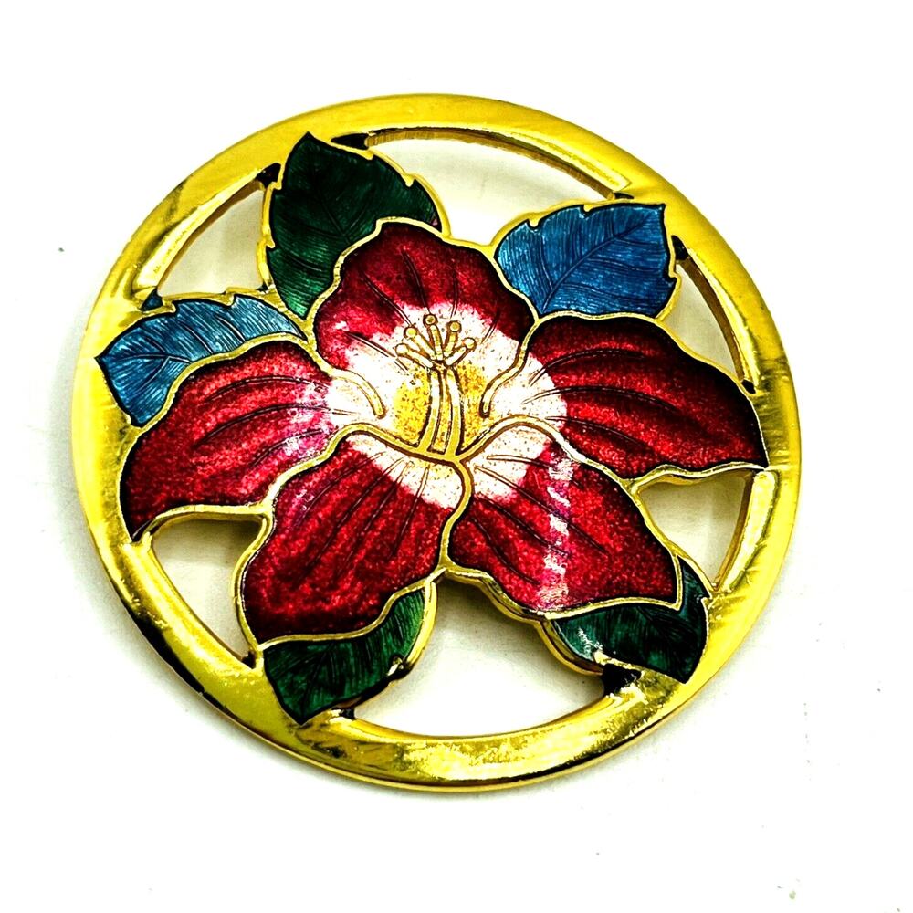 Vintage Red Lily Flower Enamel Cloisonne Round Gold Tone Brooch Pin 1.25"